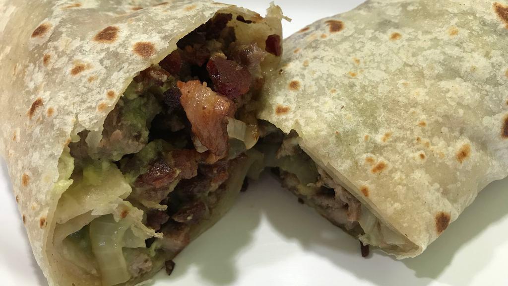 Zacatecas Burrito · Carne asada, bacon, grilled onion, and cheese.