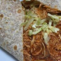 Red Mole Chicken Burrito · Shredded chicken and onions cooked on a red mole sauce, lettuce.