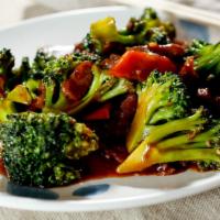 Broccoli Beef 芥兰牛 · Beef stir fried with broccoli in a brown sauce. Low fat healthy item.