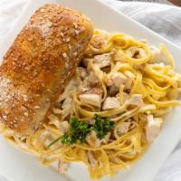Chicken Alfredo · Fettuccini pasta in a creamy alfredo sauce. served with sauteed vegetables. sauces are glute...