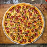 Super Supreme Pizza · Fresh mushrooms, green peppers, red onions, pepperoni, and fresh mozzarella baked on a hand-...