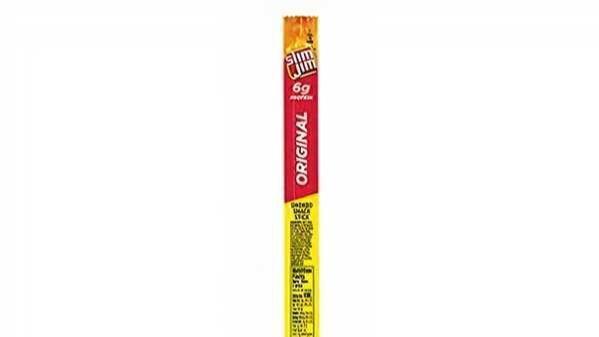 Slim Jim Giant Slim 0.97 Oz · When it comes to snacking, they say size matters. That's why slim jim giant mild flavor smoked meat stick has a big, meaty flavor that will please the ginormous meat-lover in you; with 6 grams of protein in each serving, this meat stick will easily please your need for beef. Slim jim giant smoked meat stick satisfy even the beefiest appetites. Individually wrapped so you can enjoy a king-size snack anywhere you want. So, go ahead and fill your kitchen's pantry and please your carnivorous palate.