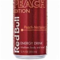 Red Bull Peach Edition 12 Oz · Artificially flavored. 160 calories per can. Caffeine content: 114 mg/12 fl oz vitalizes bod...