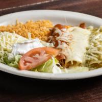 Enchiladas Mexicanas · Two enchiladas in red and two in green sauce. with cheese and meat of your choice shrimp,ste...