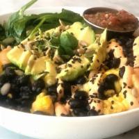 Southwest Bowl  · Roasted corn, black beans. salsa, spinach, tomatoes, spicy garlic sauce and mashed  avocado ...