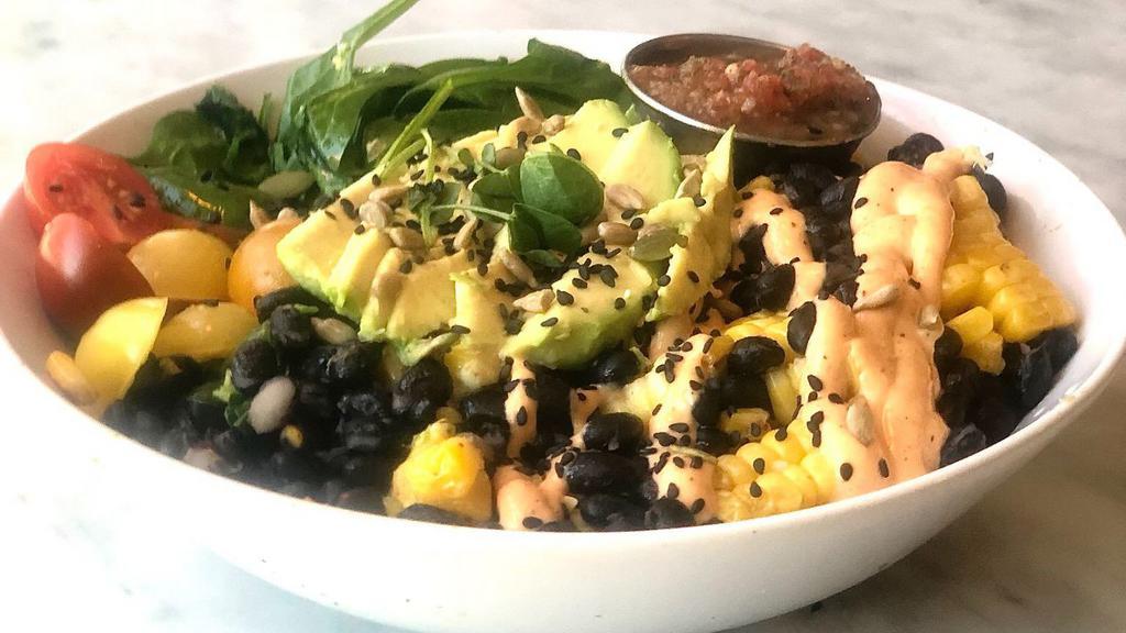 Southwest Bowl  · Roasted corn, black beans. salsa, spinach, tomatoes, spicy garlic sauce and mashed  avocado on brown rice with seed mix and Microgreens.
