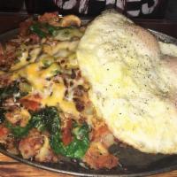 Garden Skillet · Spinach, mushrooms, onions, tomatoes and green peppers with shredded cheese.