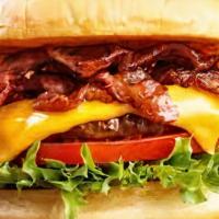 Bacon Beginnings Burger · American beef patty topped with melted cheese, multiple layers of crispy bacon, buttered let...