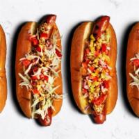 The Windy City Style Hot Dog · A footlong hotdog topped with yellow mustard, chopped white onions, sweet pickle relish, tom...
