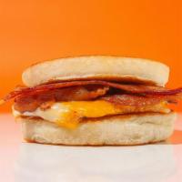 Bacon Pancake Breakfast Sandwich  · bacon, egg,& cheese between two delicious pancakes