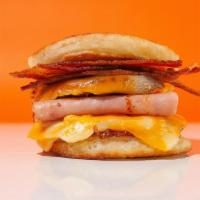 Deluxe Pancake Breakfast Sandwich · sausage, bacon, egg,& cheese between two delicious pancakes