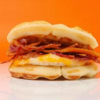 Bacon & Waffle Breakfast Sandwich · bacon, egg, & cheese between two belgian waffles