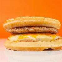 Sausage & Waffle Breakfast Sandwich · sausage, egg, & cheese between two belgian waffles