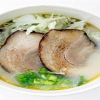 Tonkotsu Whilte (Shiro) · Tonkotsu broth, noodle, 2 slices of Chashu Pork, cabbage, beansprout, green onion, corn.