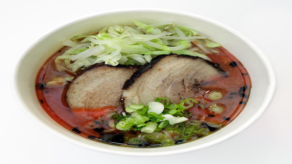 Tonkotsu Red (Aka) · Tonkotsu broth with chili sauce blend, noodle, 2 slices of Chashu Pork, cabbage, beansprout, green onion, corn.