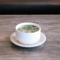 Spinach Tofu Soup · Fresh chopped spinach with tofu and clear broth.