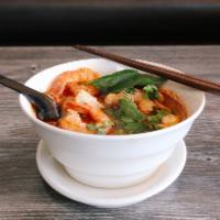 Tom Yum Seafood Noodle Soup · Spicy. Rice noodles with jumbo shrimp, squid, mussel, fish ball, fish filet with spicy Tom Y...