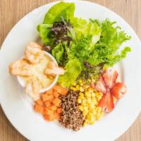 Salad Plate  · Your choice of protein. On a bed of salad. Side of tzatziki and hummus with grape leaves and...