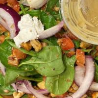 Spinach · Spinach diced tomatoes, red onion, roasted walnuts, cucumber, goat cheese, honey mustard vin...