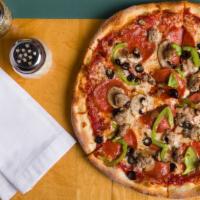 Jackson 5 (Large) · House made sausage, pepperoni, black olives, green peppers, mushrooms, mozzarella, red sauce.