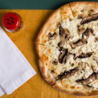 Shrooms Maaaan (Large) · Portobello crimini mushrooms, truffle oil, mozzarella, feta, olive oil base.