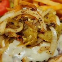Western Burger · 6 oz. patty served with pepper jack cheeses, caramelized onions and Anaheim chilies, chipotl...