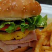 Hawaiian Burger · 6 oz. patty served with ham, grilled sweet pineapple, Provolone cheese, 1000 island, tomatoe...