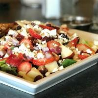 Summer Salad · Strawberries, diced apples, Feta cheese, almonds, red onion, craisins, and grilled chicken w...