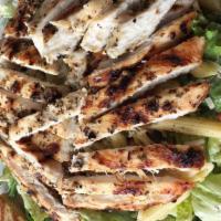 Grilled Chicken Pasta Salad · Mixed spring greens and roma tomatoes topped with penne pasta salad, parmesan and grilled ch...