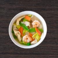 Wor Wonton Soup (32 Oz) · Juicy pork wonton, jumbo shrimp, carrot, water chestnut, and snow peas.