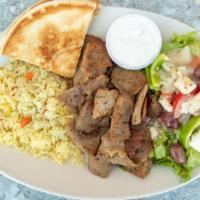Gyro Platter · Gyro meat with Greek rice, Greek salad, pita bread, and tzatziki sauce.