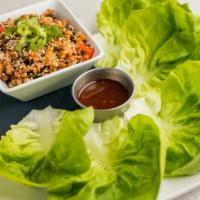 Korean Bbq Lettuce Wraps · Grilled chicken, quinoa, Korean BBQ, toasted sesame, scallion, diced celery, spicy soy, butt...