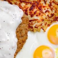 Country Fried Steak Breakfast · Country fried steak smothered in our homemade chorizo country gravy served with hashbrowns, ...