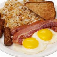 Eat! Your Breakfast · Not one, not two, but three grade eggs. Choose between thick-cut bacon, locally made sausage...