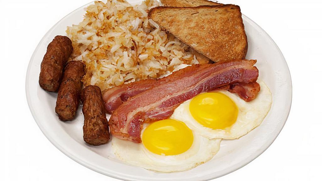 Eat! Your Breakfast · Not one, not two, but three grade eggs. Choose between thick-cut bacon, locally made sausage, braised short rib, or Argentinian chorizo from North Denver's Belfiores. Served with hash browns and toast.
