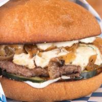 Green Chile Burger · 1/4 lb NW beef patty, caramelized onions, green chile cream cheese, house pickles, hop-garli...