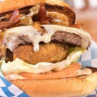 The 420 Burger · 1/3 lb NW beef patty, tillamook white cheddar, swiss, caramelized onions, lettuce, tomato, b...
