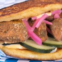 Fried Avocado Sandwich · Deep-fried avocado, pickled red onion, Sriracha-lime-ginger mayo, house pickles, corn griddl...