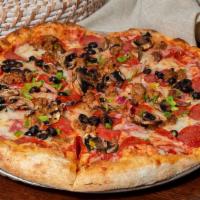 Running Rebel · Mozzarella cheese, homemade pizza sauce, pepperoni, sausage, Canadian bacon, red onion, gree...