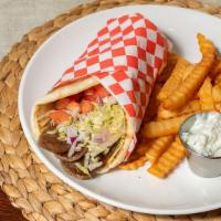 Gyro · Warm pita bread stuffed with gyro meat, lettuce, tomato, and red onion. Served with a side o...