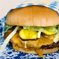 Holler Burger · 2 beef patties, tillamook cheddar, iceberg lettuce, red onion, holler pickles, and secret sa...