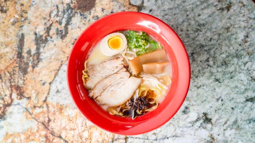 Spicy Tonkotsu Ramen · Spicy. Pork belly or chicken breast, egg, mushroom, bean sprouts, green onions, and shredded chili pepper in tonkotsu broth and spicy chili oil.