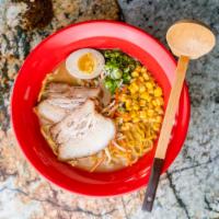 Miso Ramen · Pork belly or chicken breast, egg, cabbage, carrot, yellow onion, bean sprouts, corn, and gr...