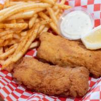 Fish & Chips · Choice of cod, haddock, catfish, or tilapia. With fries and coleslaw.
