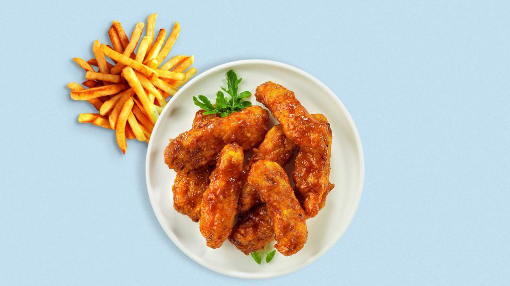 Bring On The Bbq Tenders · Chicken tenders breaded and fried until golden brown before being tossed in barbecue sauce. Served with your choice of dipping sauce.