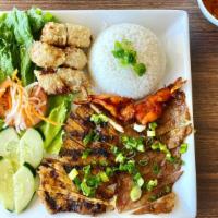 Combination Plate · Grilled chicken, shrimp, pork, eggrolls.