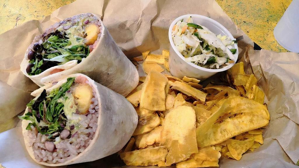 Veggie Wrap · Romaine, cucumbers, tomatoes, queso fresco, red onions, cilantro, guacamole & habanero aioli, wrapped with white rice, black beans & a sweet plantain served with side of plantain chips & veggie-citrus & jalapeño slaw