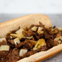 Steak Sandwich · 8” Philly steak sandwich loaded with grilled steak and onions on a toasted hoagie roll