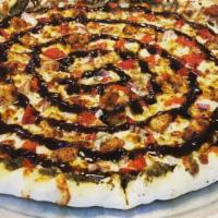 Bunnyhop Pizza · BBQ sauce, chicken, mushroom, onion, roasted red peppers and Cheddar.