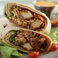Handheld Burrito · Delicious grilled chicken burrito with rice, beans, and cheese all inside.